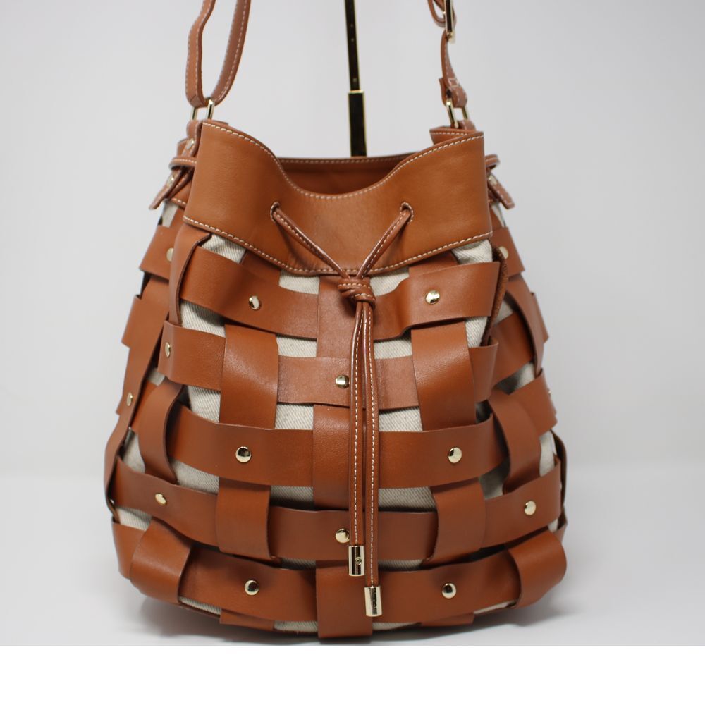 J McLaughlin Woven Studded Leather Bucket Bag Crossbody Drawstring Bag Canvas
